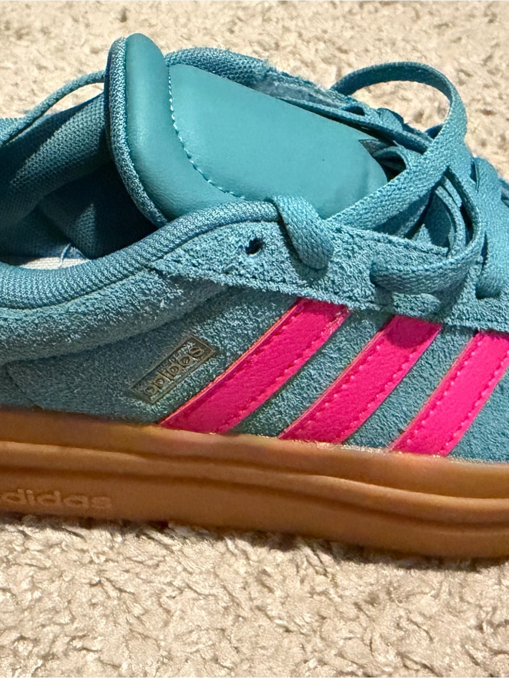 adidas Kids Turquoise Suede Sneakers with Pink Stripes and Gum Sole
